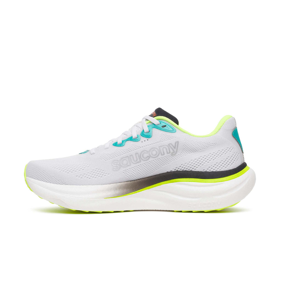 Medial view of the right shoe from a pair of Saucony Men's Ride 19 Running Shoes in the White/Citron colourway.