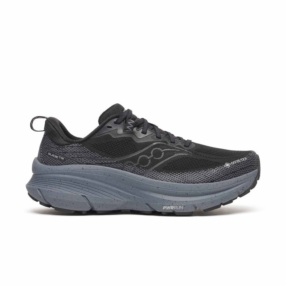 Lateral view of the right shoe from a pair of Saucony Men's Guide TR GTX Running Shoes in the Black/Gunmetal colourway.