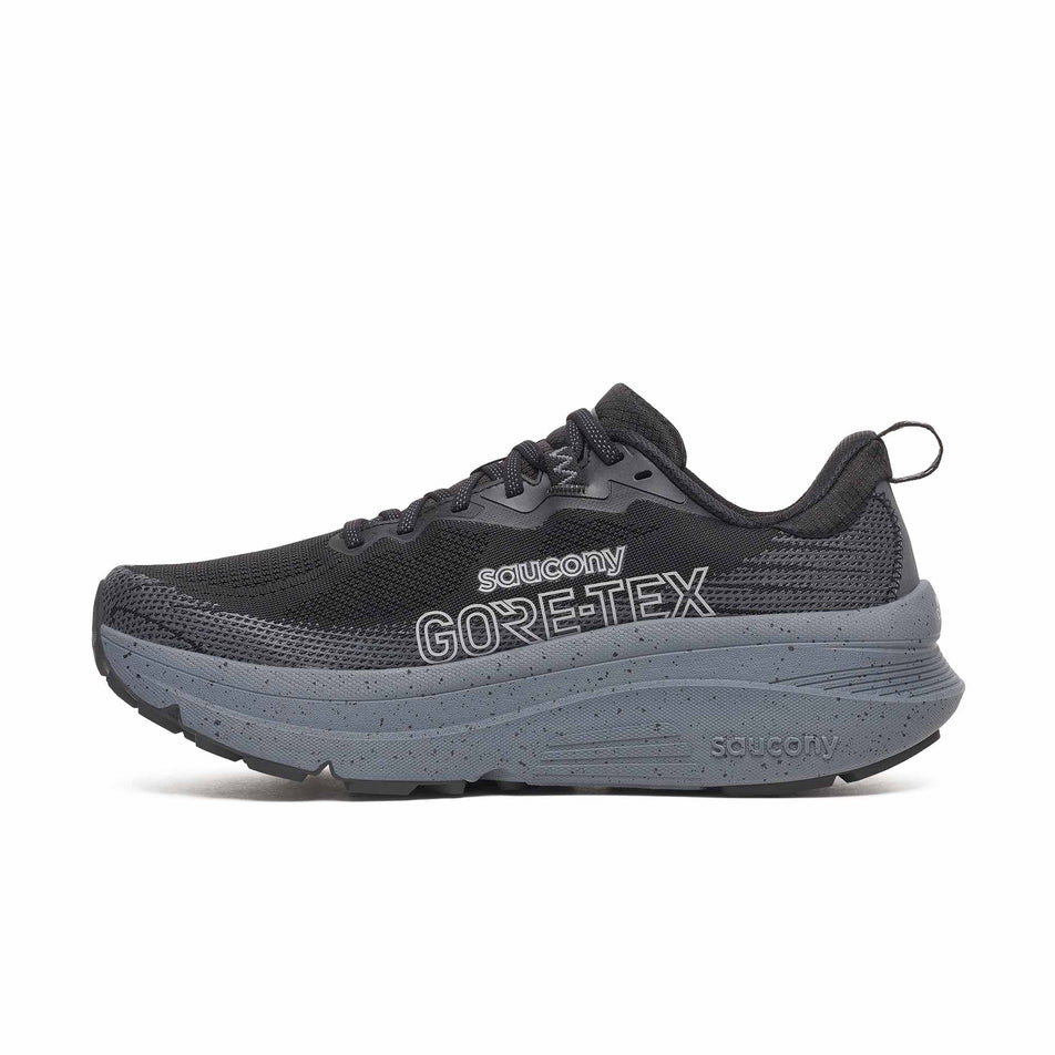 Medial view of the right shoe from a pair of Saucony Men's Guide TR GTX Running Shoes in the Black/Gunmetal colourway.