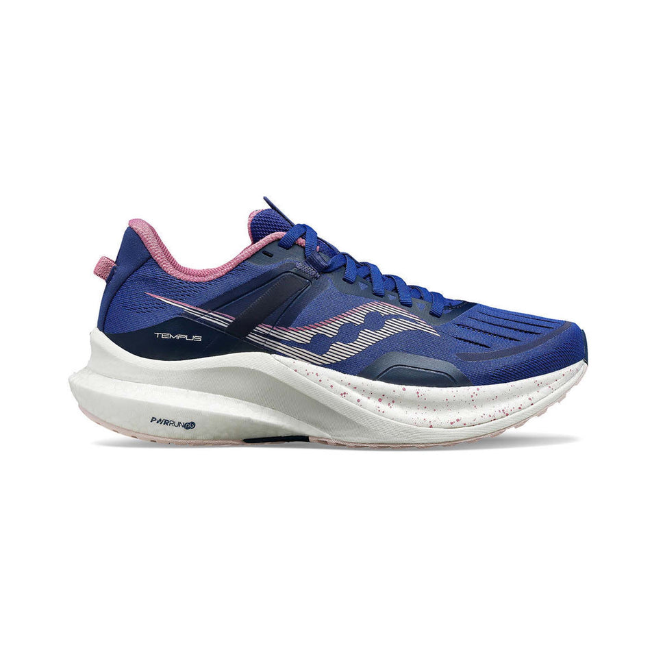 Lateral side of the right shoe from a pair of Saucony Women's Tempus Running Shoes in the Navy/Orchid colourway (8153520930978)