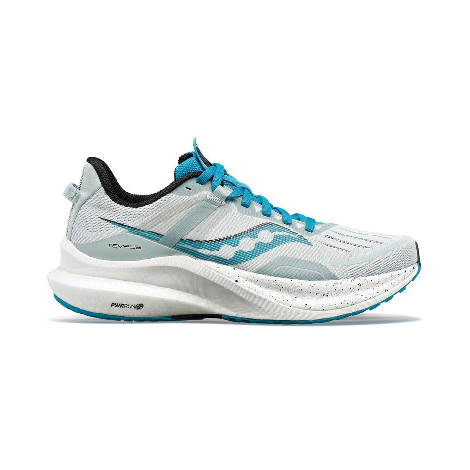 Lateral side of the right shoe from a pair of Saucony Women's Tempus Road Running Shoes in the Glacier/Ink colourway (7996817965218)
