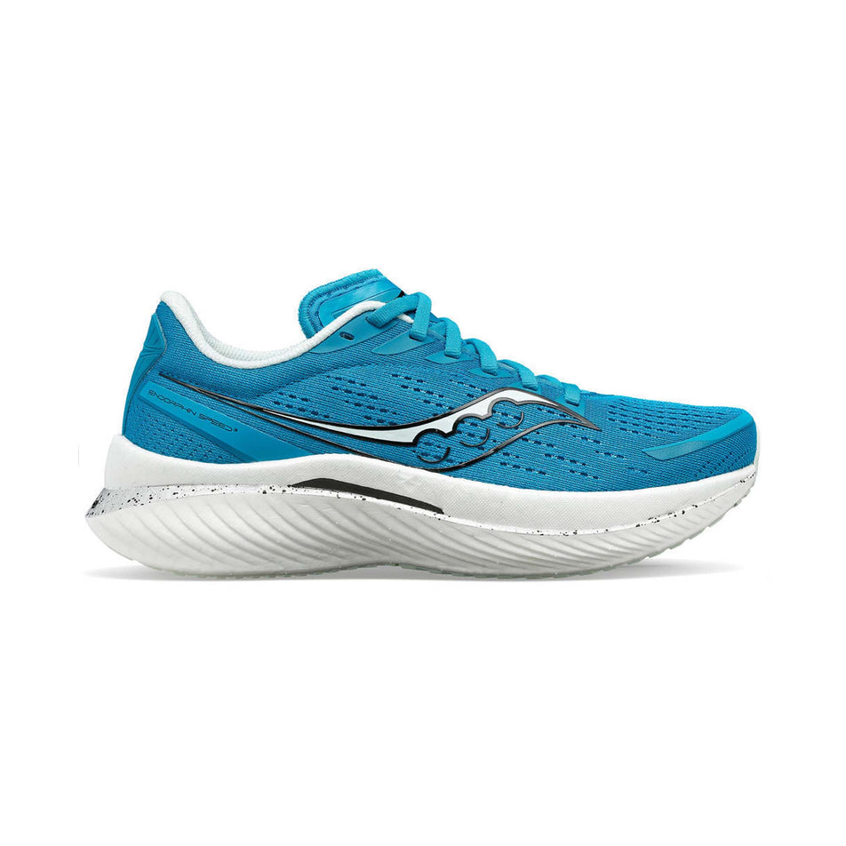 Lateral side of the right shoe from a pair of Saucony Women's Endorphin Speed 3 Running Shoes in the Ink/Silver colourway (7996811247778)