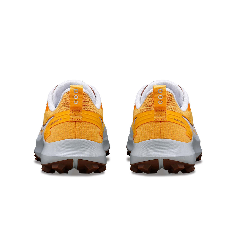 The back of a pair of Saucony Women's Peregrine 14 Running Shoes in the Flax/Clove colourway (8164431757474)