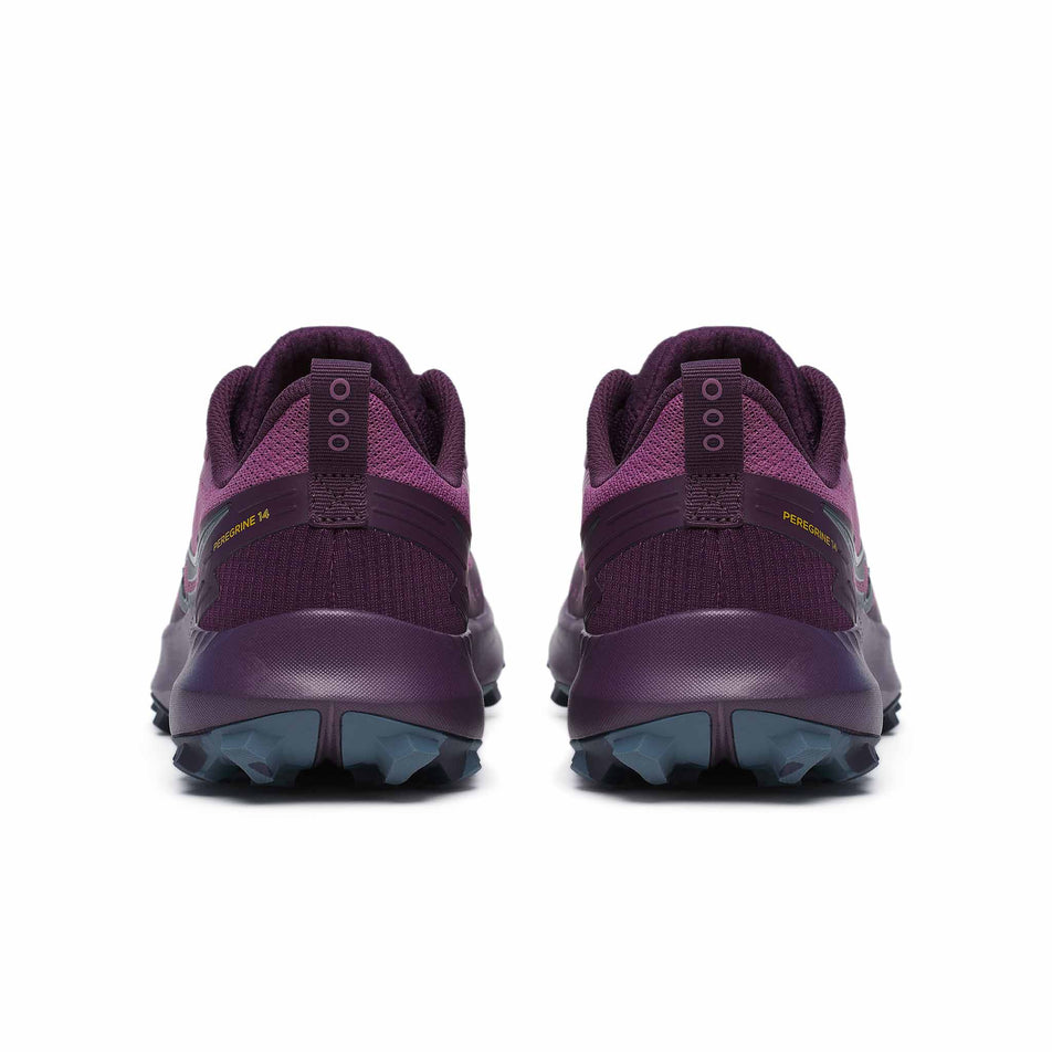 The back of a pair of Saucony Women's Peregrine 14 Running Shoes in the Plum/Eggplant colourway (8401875140770)