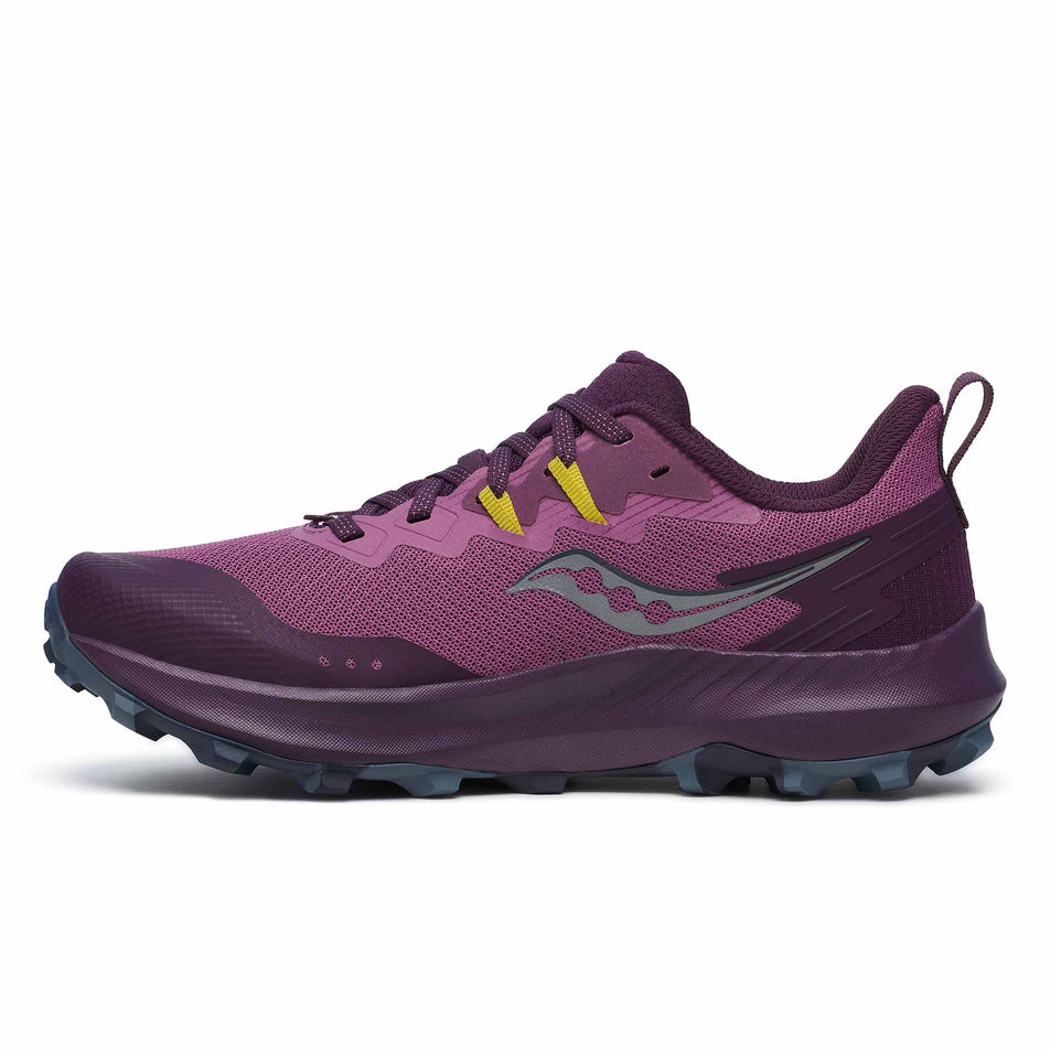 Medial side of the right shoe from a pair of Saucony Women's Peregrine 14 Running Shoes in the Plum/Eggplant colourway (8401875140770)