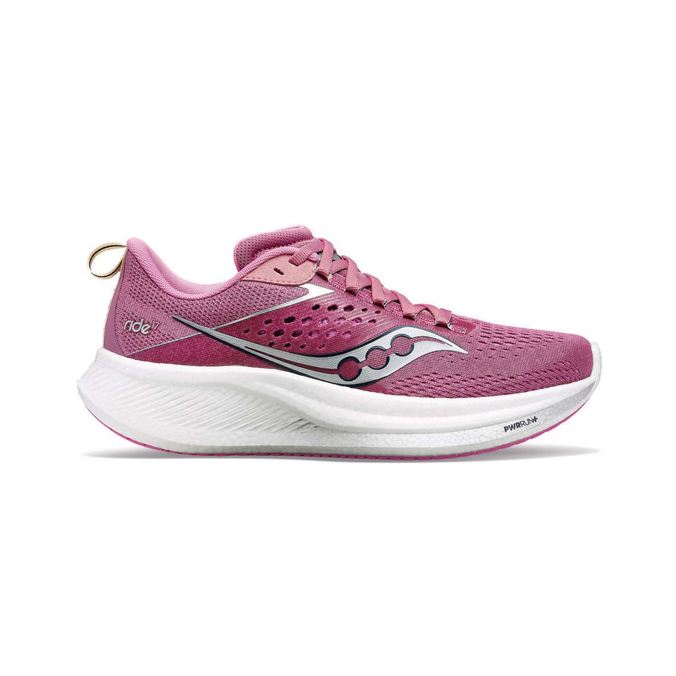 Lateral side of the right shoe from a pair of Women's Ride 17 Running Shoes in the Orchid/Silver colourway (8118092234914)
