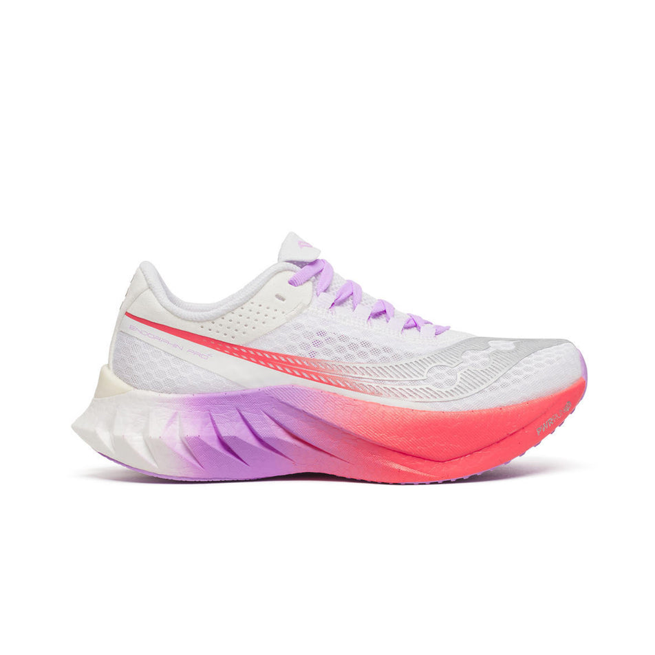 Lateral view of the right shoe from a pair of Saucony Women's Endorphin Pro 4 Running Shoes in the White/Crocus colourway. (8654984544418)