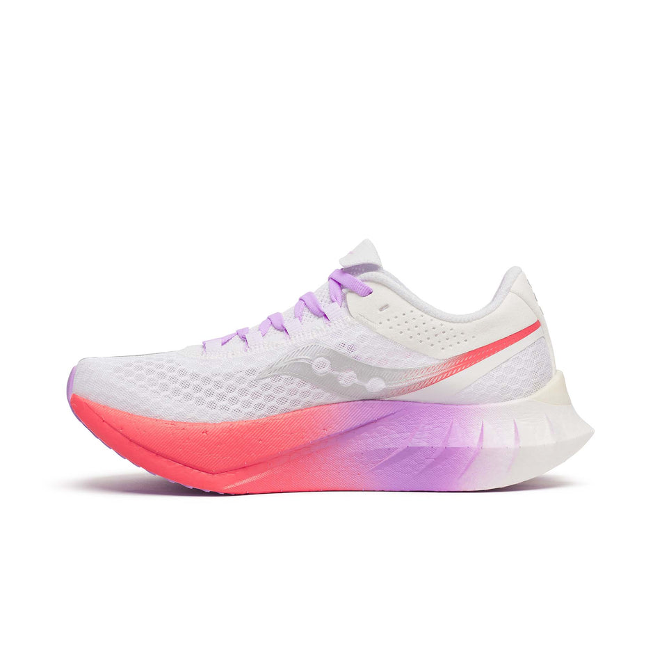 Medial view of the right shoe from a pair of Saucony Women's Endorphin Pro 4 Running Shoes in the White/Crocus colourway. (8654984544418)