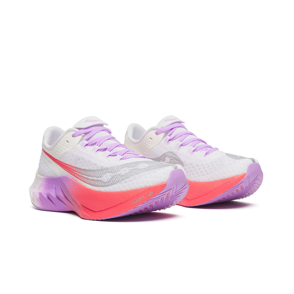 A pair of Saucony Women's Endorphin Pro 4 Running Shoes in the White/Crocus colourway. (8654984544418)