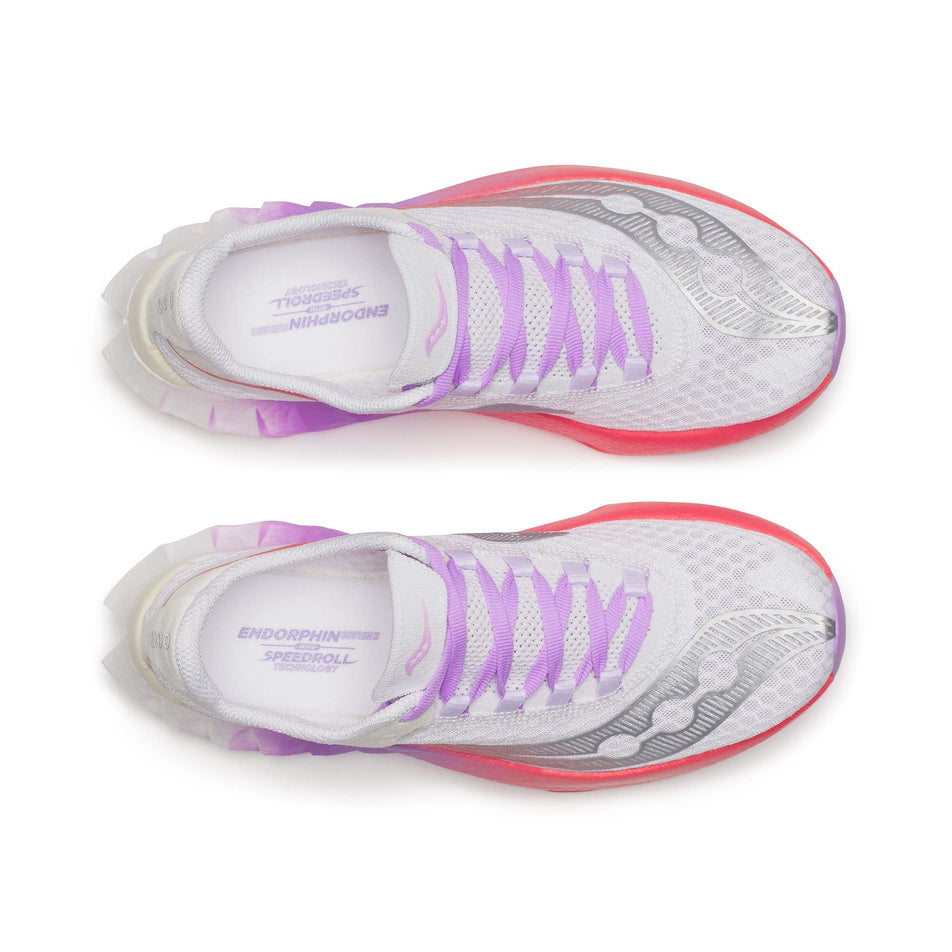 The upper of a pair of Saucony Women's Endorphin Pro 4 Running Shoes in the White/Crocus colourway. (8654984544418)