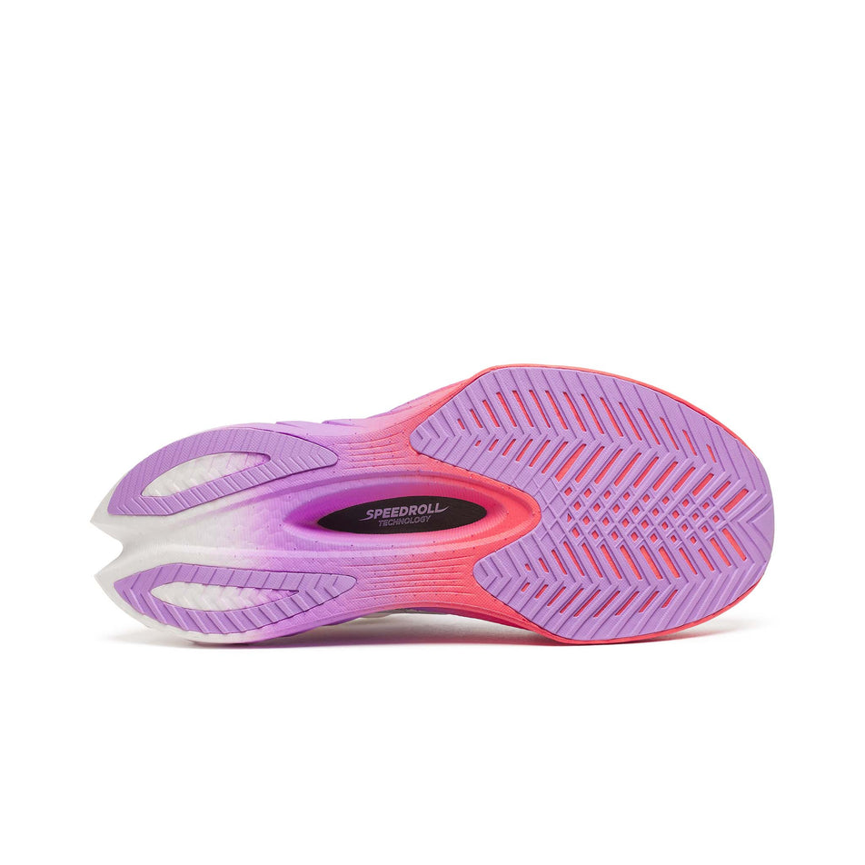 The outsole of the right shoe from a pair of Saucony Women's Endorphin Pro 4 Running Shoes in the White/Crocus colourway. (8654984544418)