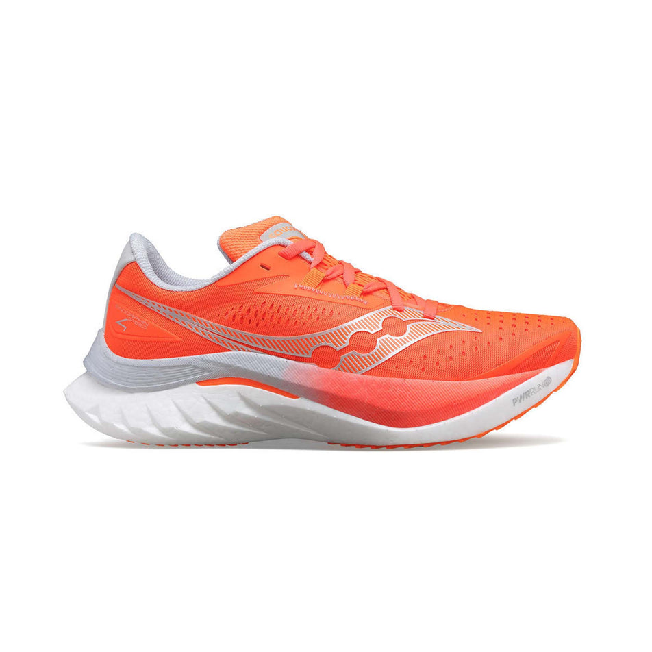 Lateral side of the right shoe from a pair of Saucony Women's Endorphin Speed 4 Running Shoes in the Vizired colourway (8164423237794)