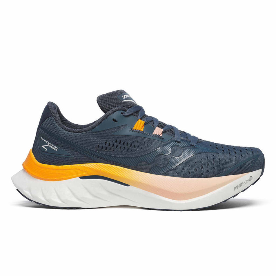 Lateral side of the right shoe from a pair of Saucony Women's Endorphin Speed 4 Running Shoes in the Dusk/Peel colourway (8401861542050)