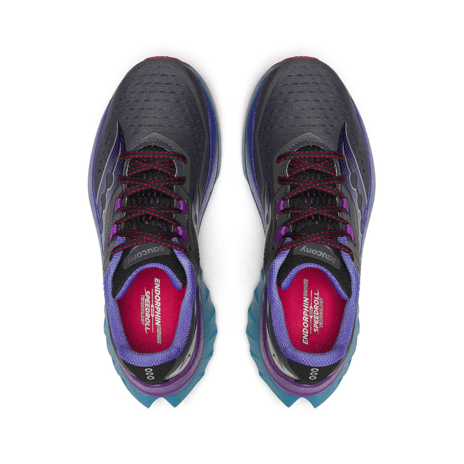 The uppers on a pair of Saucony Women's Endorphin Speed 4 Running Shoes in the Shadow colourway. (8561716986018)