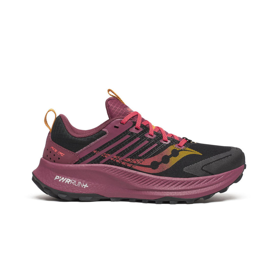 Lateral view of the right shoe from a pair of Saucony Women's Ride TR2 Running Shoes in the Black/Terra colourway. (8655039004834)