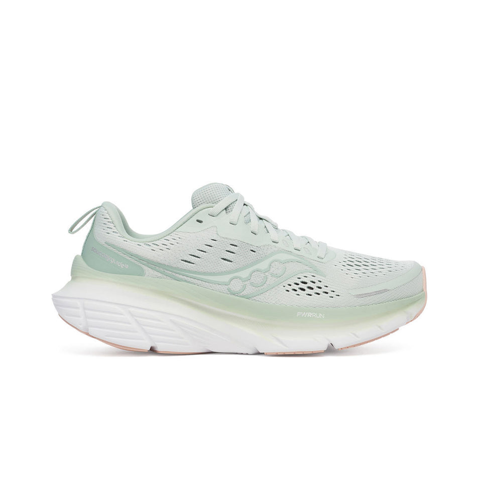 Lateral view of the right shoe from a pair of Saucony Women's Guide 18 Running Shoes in the Mist/Aloe colourway. (8655033335970)