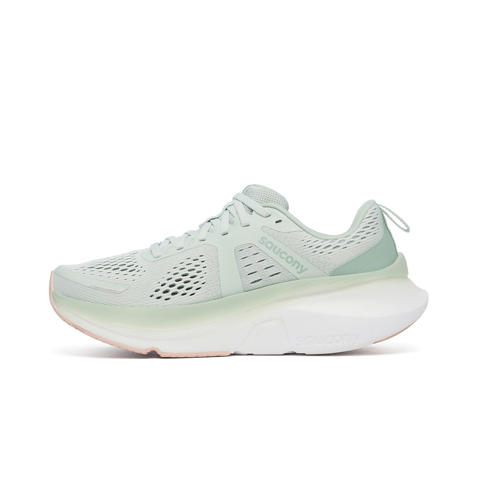 Medial view of the right shoe from a pair of Saucony Women's Guide 18 Running Shoes in the Mist/Aloe colourway. (8655033335970)