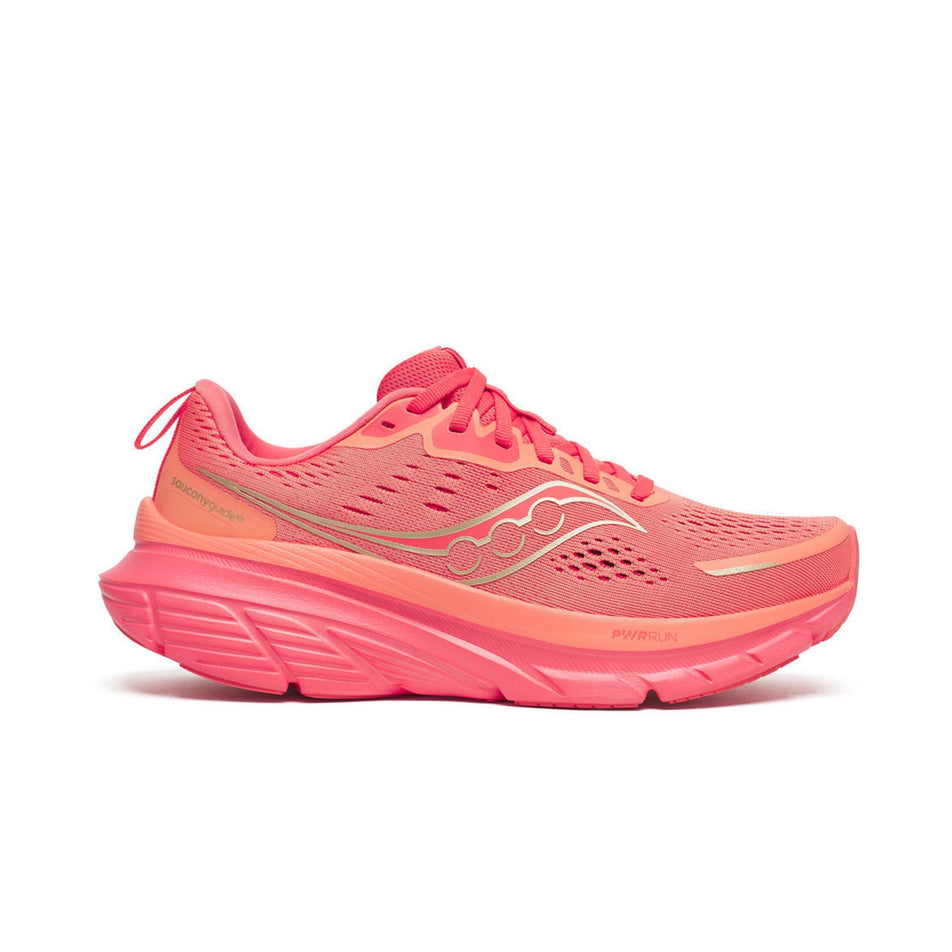 Lateral view of the right shoe from a pair of Saucony Women's Guide 18 Running Shoes in the Salmon/Coral colourway. (8655028846754)