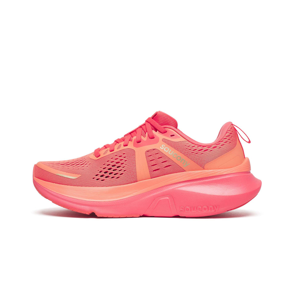 Medial view of the right shoe from a pair of Saucony Women's Guide 18 Running Shoes in the Salmon/Coral colourway. (8655028846754)