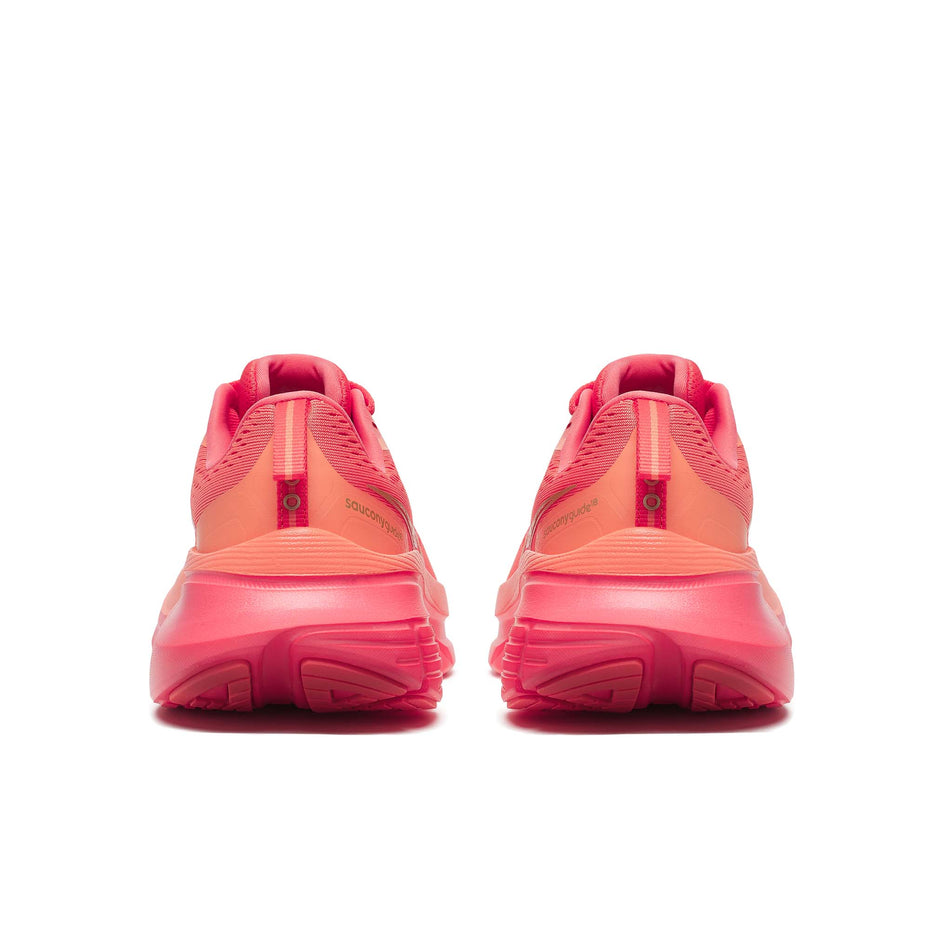 The back of a pair of Saucony Women's Guide 18 Running Shoes in the Salmon/Coral colourway. (8655028846754)