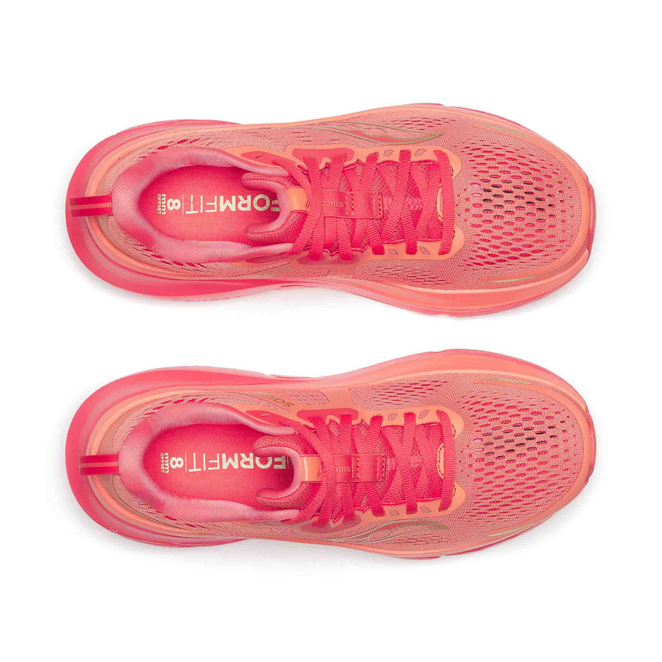 The uppers of a pair of Saucony Women's Guide 18 Running Shoes in the Salmon/Coral colourway. (8655028846754)