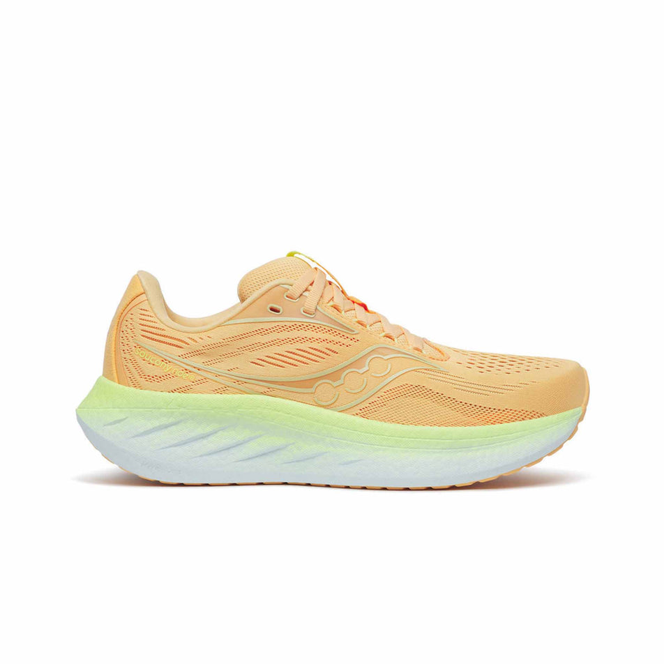 Lateral side of the right shoe from a pair of Saucony Women's Ride 18 Running Shoes in the Peach/Sunny colourway. (8579051356322)