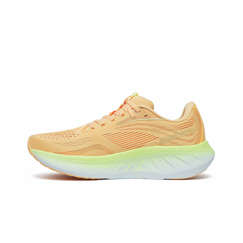 Medial side of the right shoe from a pair of Saucony Women's Ride 18 Running Shoes in the Peach/Sunny colourway. (8579051356322)