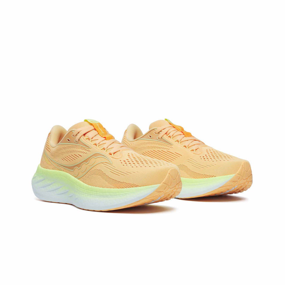 A pair of Saucony Women's Ride 18 Running Shoes in the Peach/Sunny colourway. (8579051356322)
