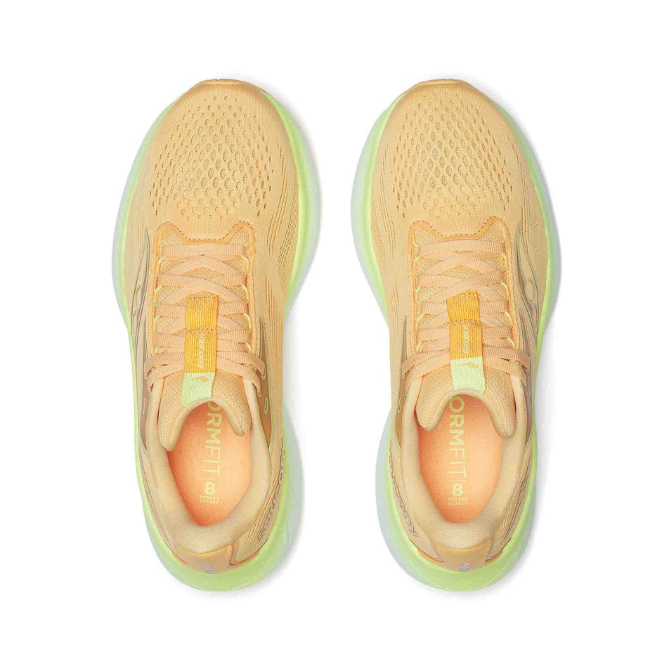 The uppers on a pair of Saucony Women's Ride 18 Running Shoes in the Peach/Sunny colourway. (8579051356322)