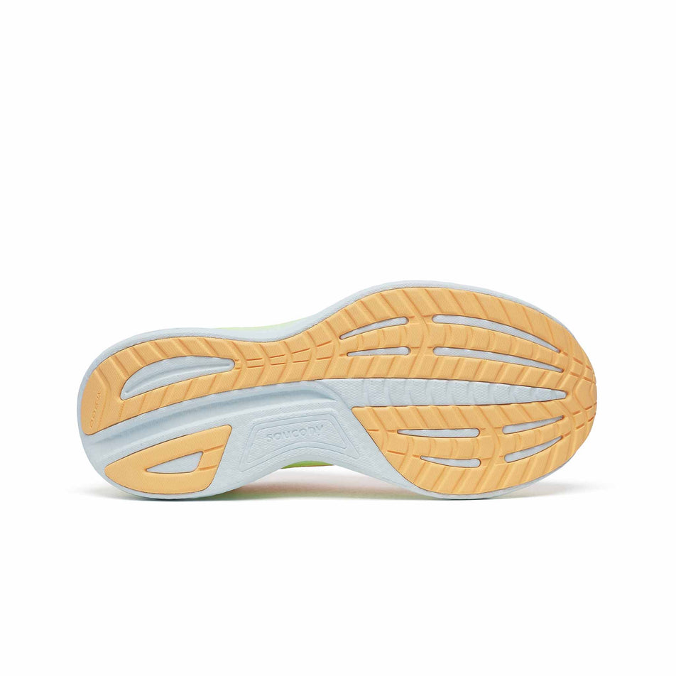 The outsole of the right shoe from a pair of Saucony Women's Ride 18 Running Shoes in the Peach/Sunny colourway. (8579051356322)