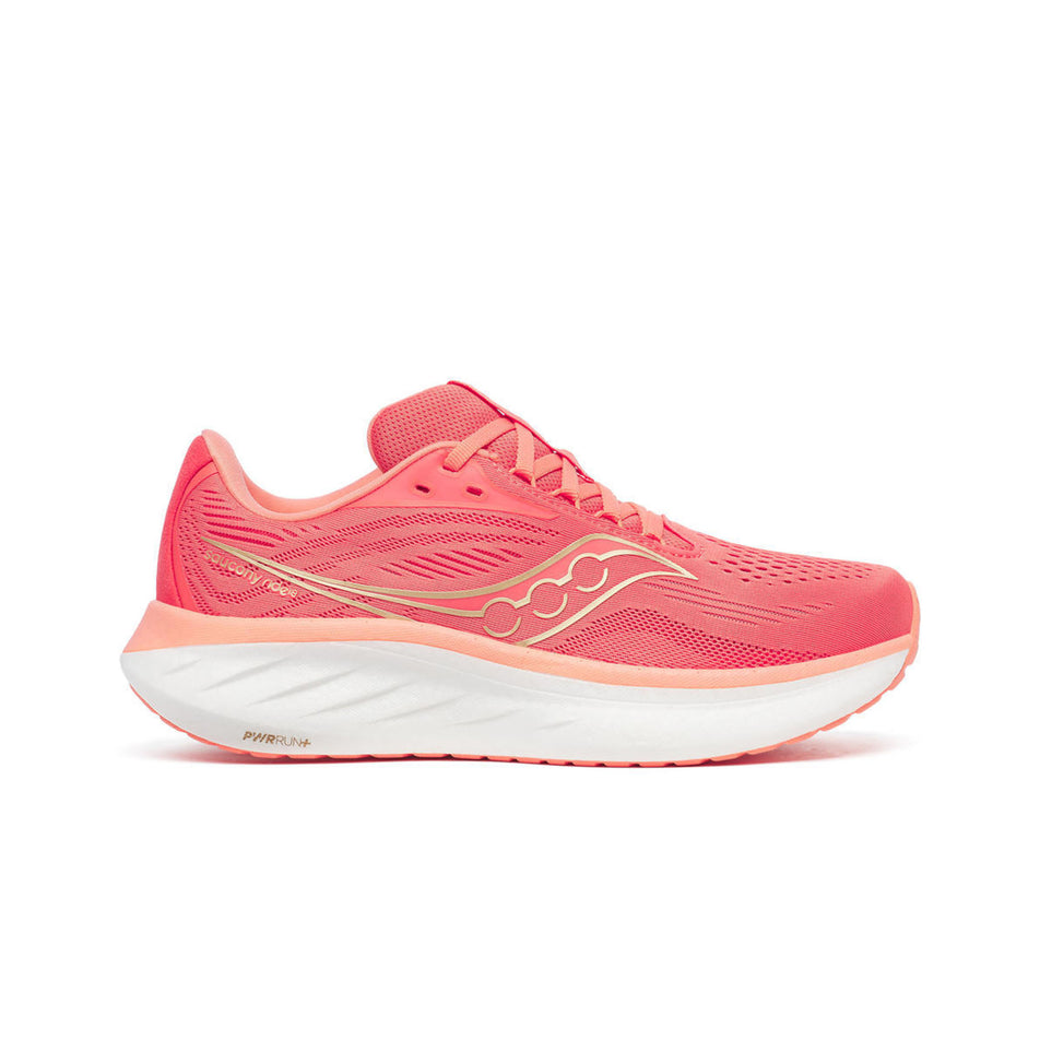 Lateral view of the right shoe from a pair of Saucony Women's Ride 18 Running Shoes in the Coral/Salmon colourway. (8654994342050)