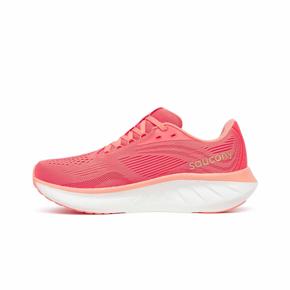 Medial view of the right shoe from a pair of Saucony Women's Ride 18 Running Shoes in the Coral/Salmon colourway. (8654994342050)