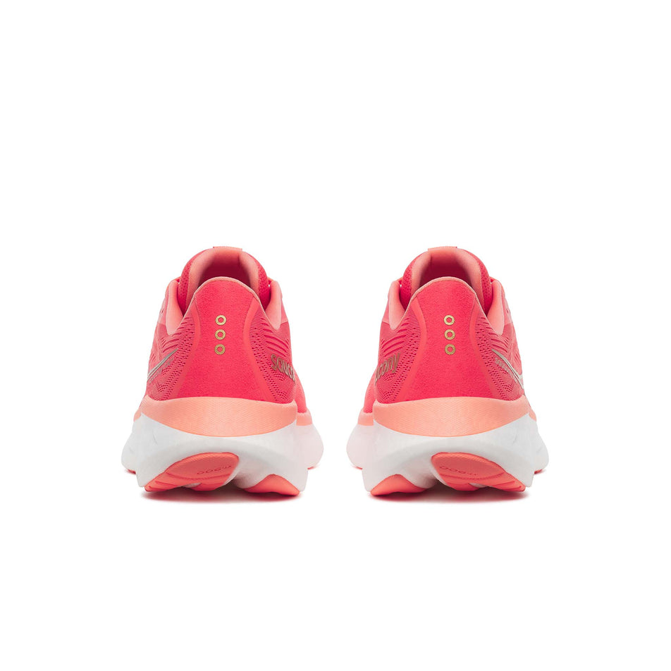 The back of a pair of Saucony Women's Ride 18 Running Shoes in the Coral/Salmon colourway. (8654994342050)
