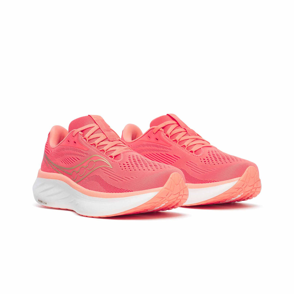 A pair of Saucony Women's Ride 18 Running Shoes in the Coral/Salmon colourway. (8654994342050)