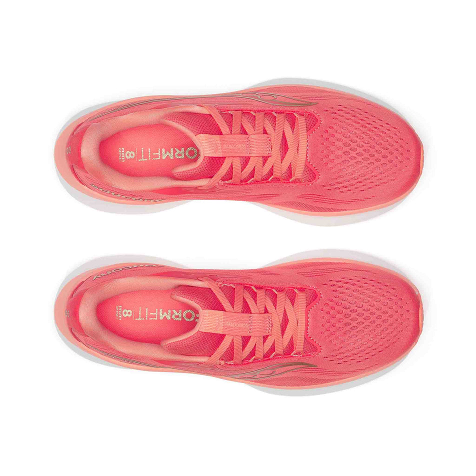 The upper of a pair of Saucony Women's Ride 18 Running Shoes in the Coral/Salmon colourway. (8654994342050)