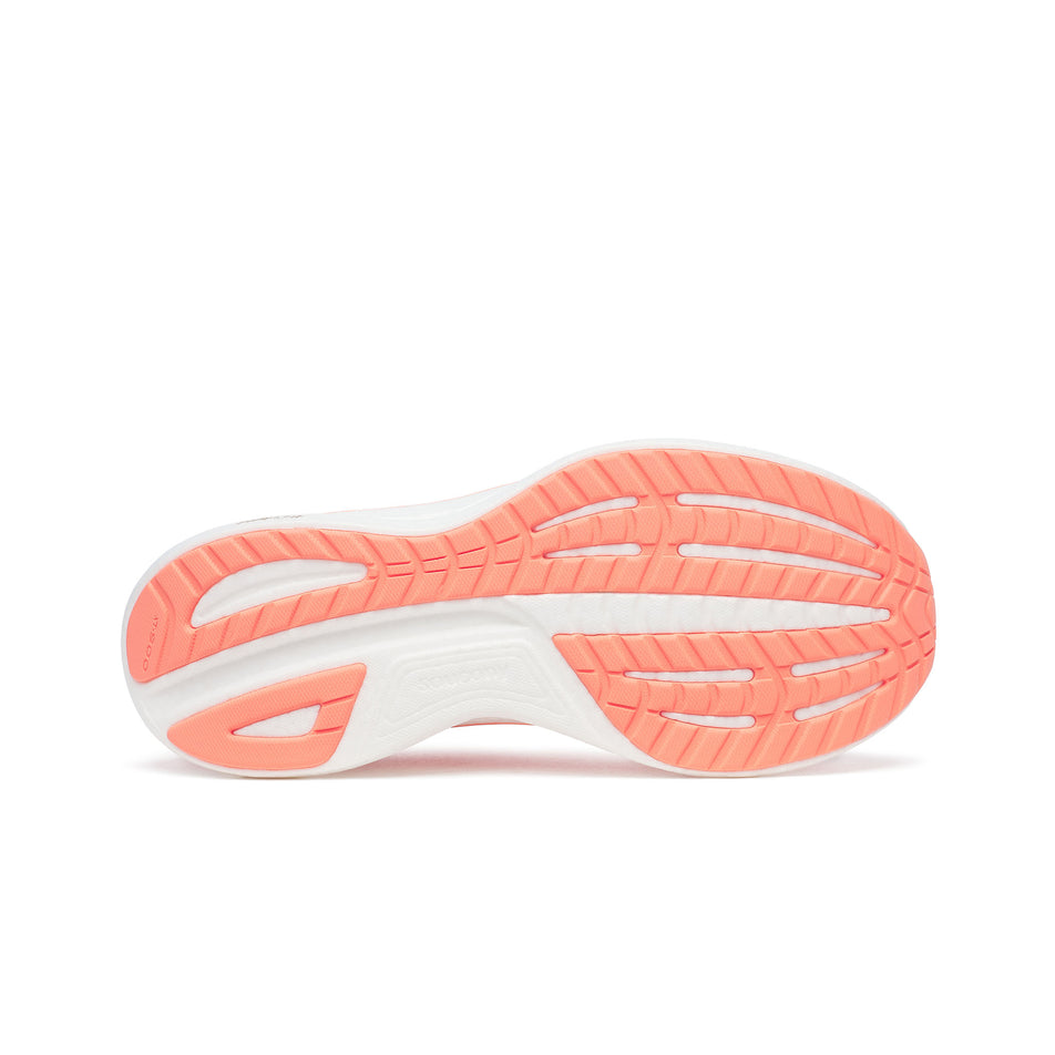 The outsole of the right shoe from a pair of Saucony Women's Ride 18 Running Shoes in the Coral/Salmon colourway. (8654994342050)