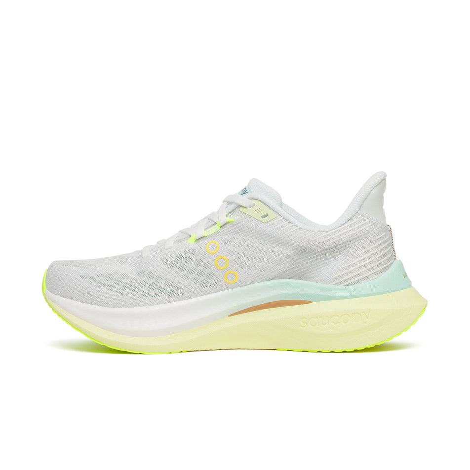 Medial view of the right shoe from a pair of Saucony Women's Endorphin Speed 5 Running Shoes in the White/Tender colourway.