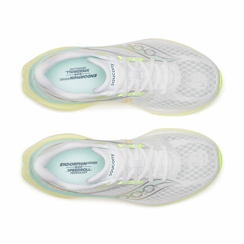 The uppers of a pair of Saucony Women's Endorphin Speed 5 Running Shoes in the White/Tender colourway.