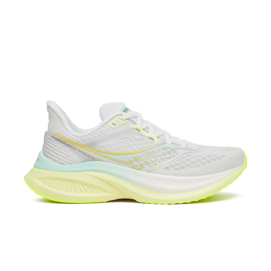 Lateral view of the right shoe from a pair of Saucony Women's Endorphin Speed 5 Running Shoes in the White/Tender colourway.