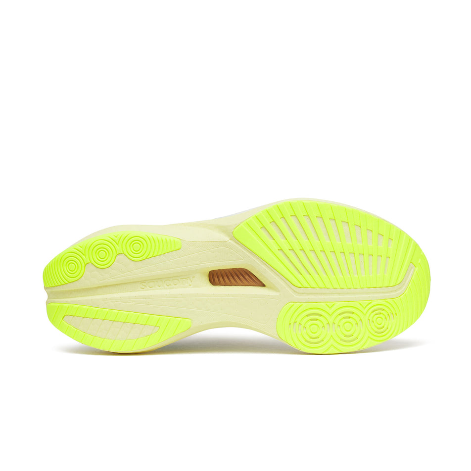 The outsole of the right shoe from a pair of Saucony Women's Endorphin Speed 5 Running Shoes in the White/Tender colourway.