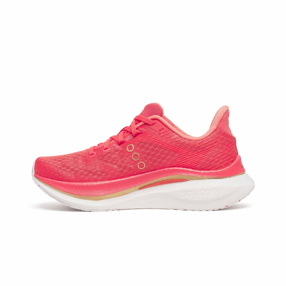Medial view of the right shoe from a pair of Saucony Women's Endorphin Speed 5 Running Shoes in the Coral/Salmon colourway. (8654987329698)
