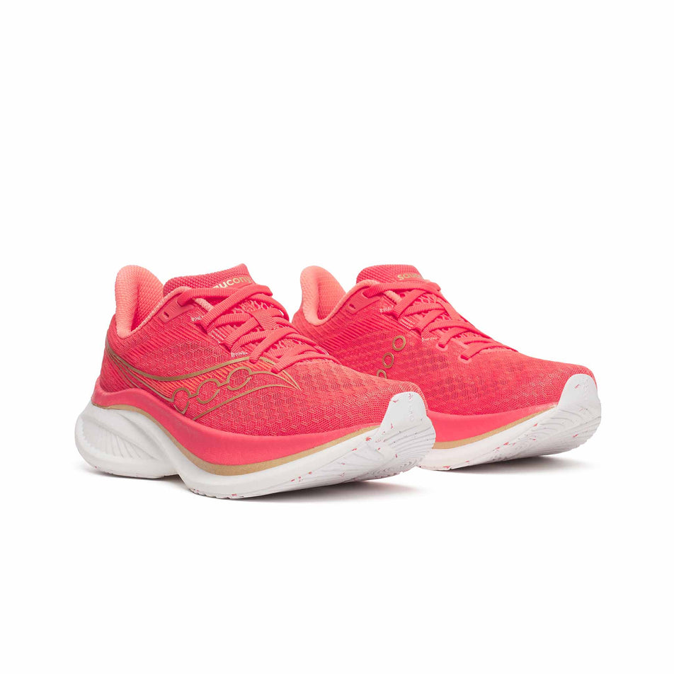 A pair of Saucony Women's Endorphin Speed 5 Running Shoes in the Coral/Salmon colourway. (8654987329698)