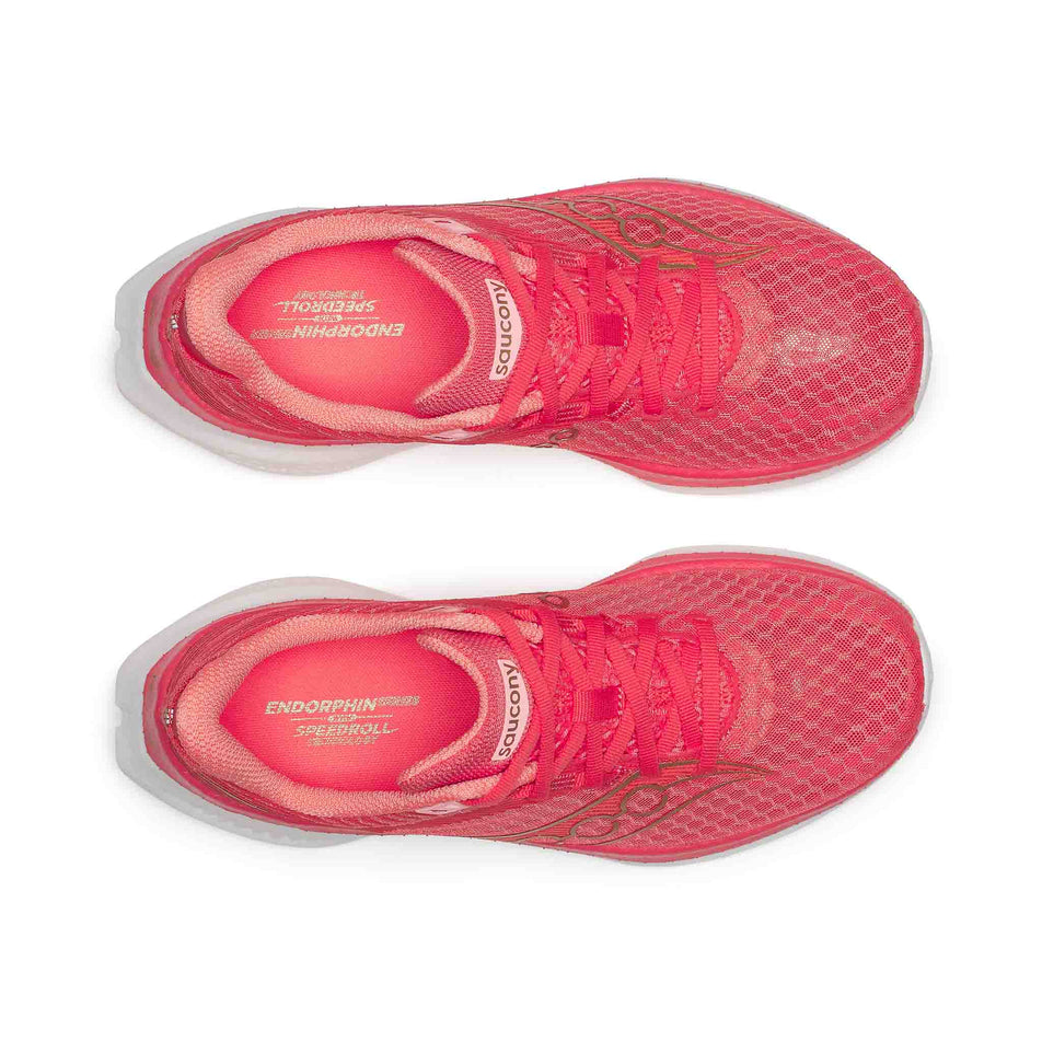 The upper of a pair of Saucony Women's Endorphin Speed 5 Running Shoes in the Coral/Salmon colourway. (8654987329698)