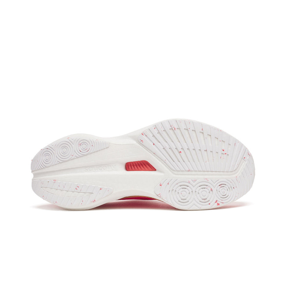 The outsole of the right shoe from a pair of Saucony Women's Endorphin Speed 5 Running Shoes in the Coral/Salmon colourway. (8654987329698)