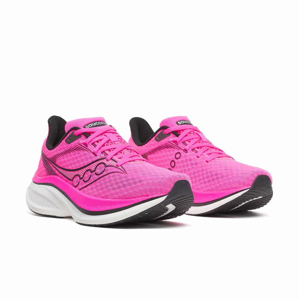 A pair of Saucony Women's Endorphin Speed 5 Running Shoes in the Shock/Black colourway.