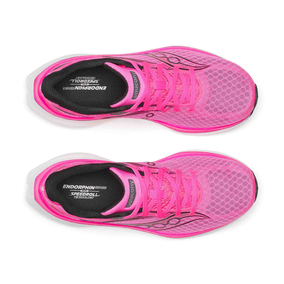 The uppers of a pair of Saucony Women's Endorphin Speed 5 Running Shoes in the Shock/Black colourway.