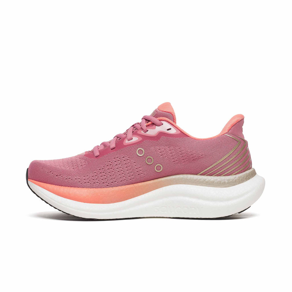 Medial view of the right shoe from a pair of Saucony Women's Triumph 23 Running Shoes in the Mauve/Black colourway.