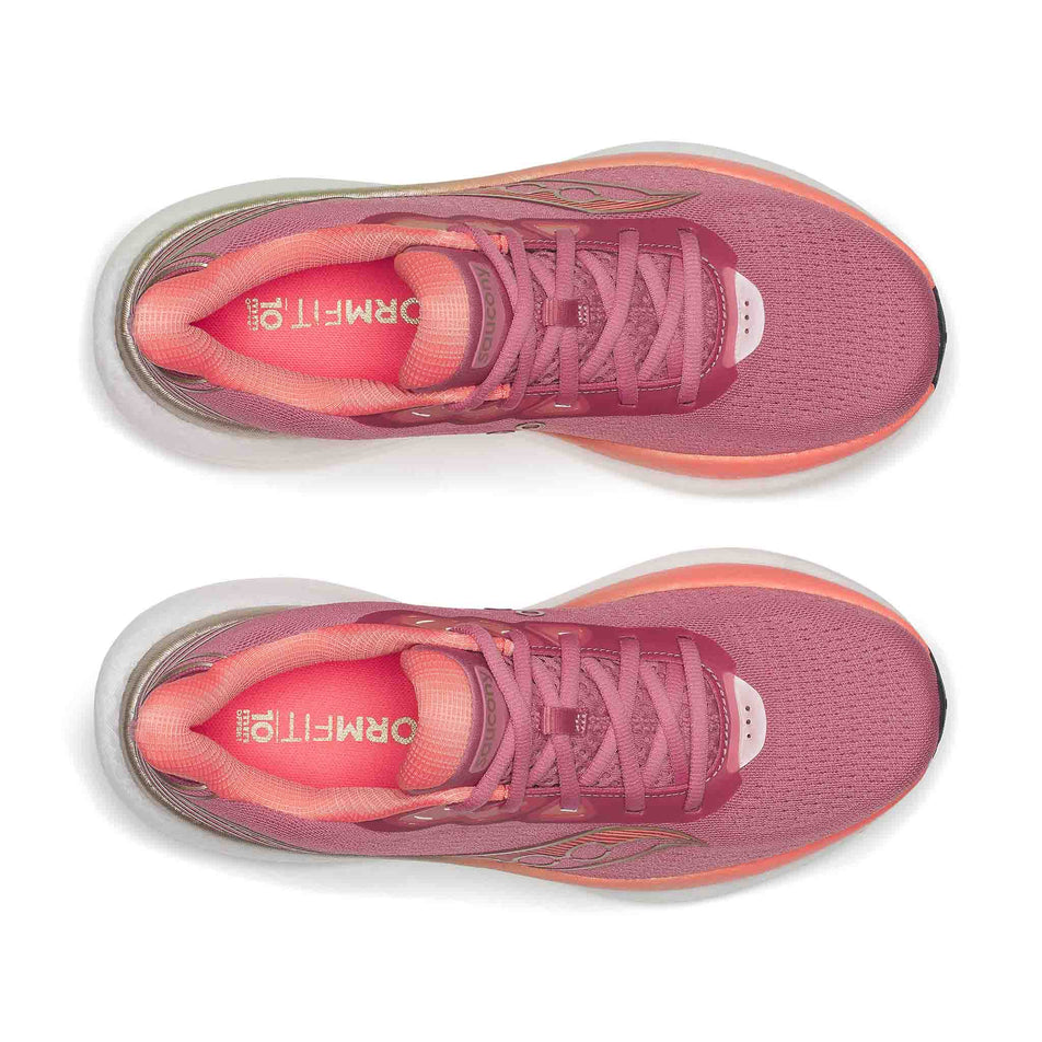 The uppers of a pair of Saucony Women's Triumph 23 Running Shoes in the Mauve/Black colourway.
