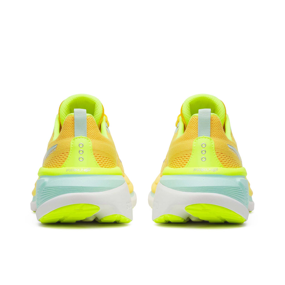 The back of a pair of Saucony Women's Hurricane 25 Running Shoes in the Sunrise/Citron colourway.