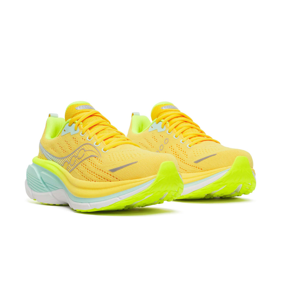 A pair of Saucony Women's Hurricane 25 Running Shoes in the Sunrise/Citron colourway.